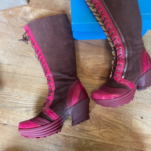 John Fluevog Jazzy Knee-High Pink Platform Lace-Up Boots Sz 10 - Picture 5 of 8